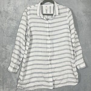 Garnet Hill‎ Linen Tunic Women M White/Blue Stripe Long Sleeve Lagenlook Coastal
